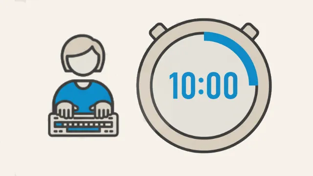 Eine Stoppuhr, die auf 10 Minuten eingestellt ist, neben einer Tastatur mit Person.