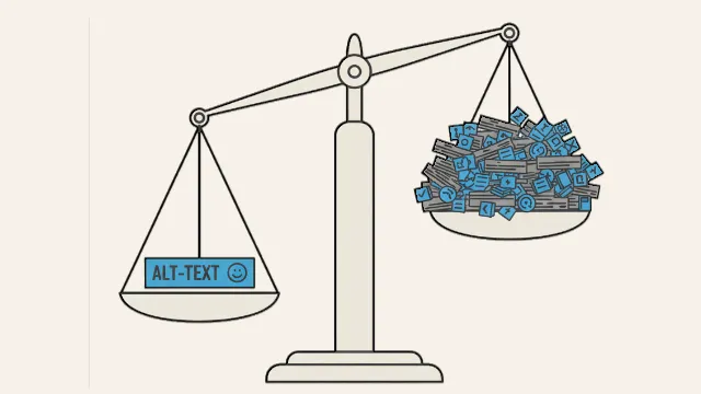 Eine Waage, die den Vergleich zwischen Alt-Text und Bildbeschreibungen darstellt, wobei der Alt-Text weniger, aber prägnanter ist.