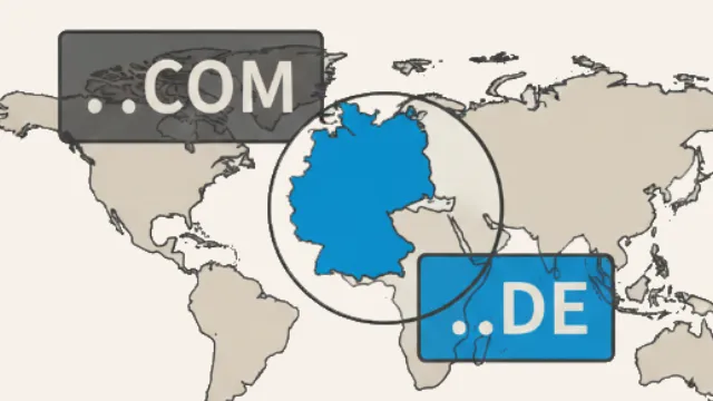 Eine Weltkarte mit Deutschland hervorgehoben, dadrüber die Domänen .com und .de.