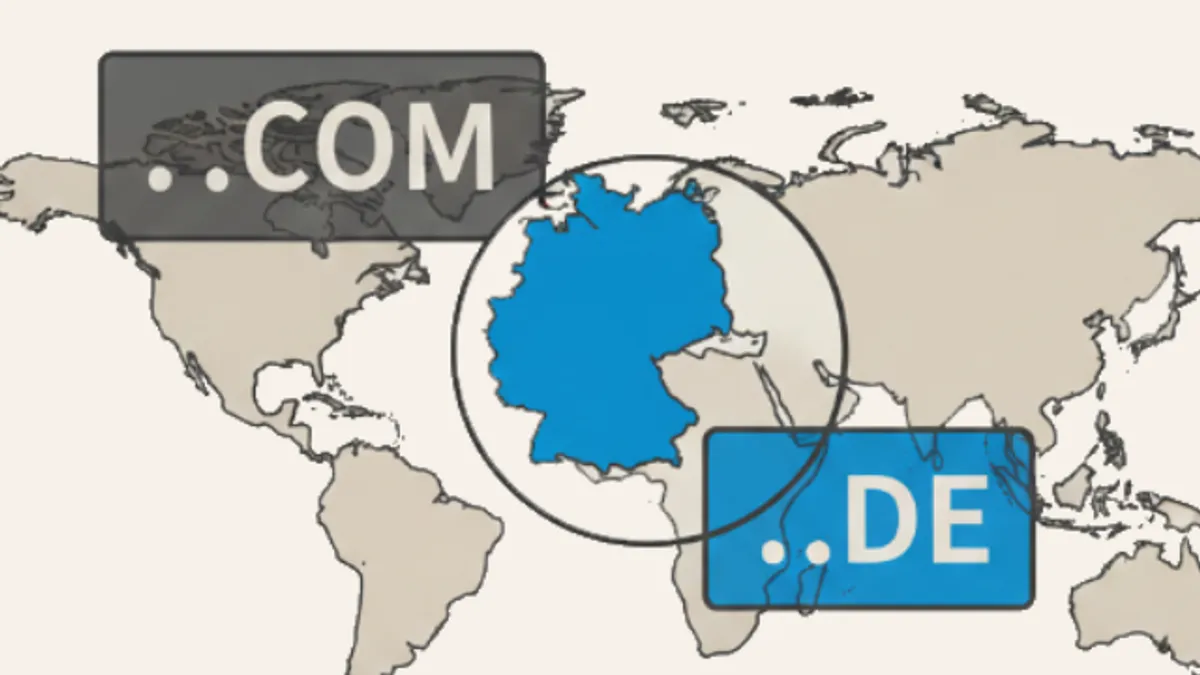 Eine Weltkarte mit Deutschland hervorgehoben, dadrüber die Domänen .com und .de.